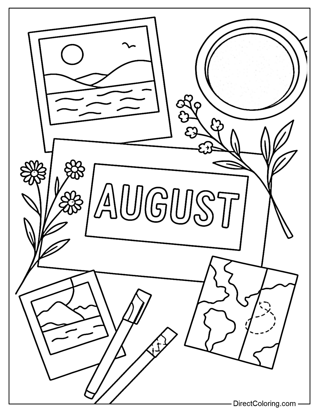 Coloring page of creative layout: postcard, photo, dried flowers, small map, cup of coffee.